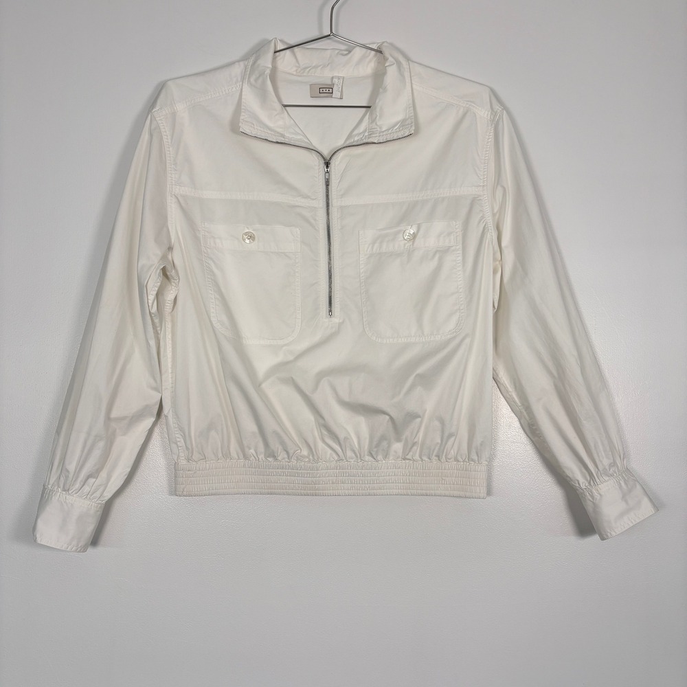 AYR Womens Pullover Jacket Size M White Cotton Quarter Zip Elastic Hem Pocket